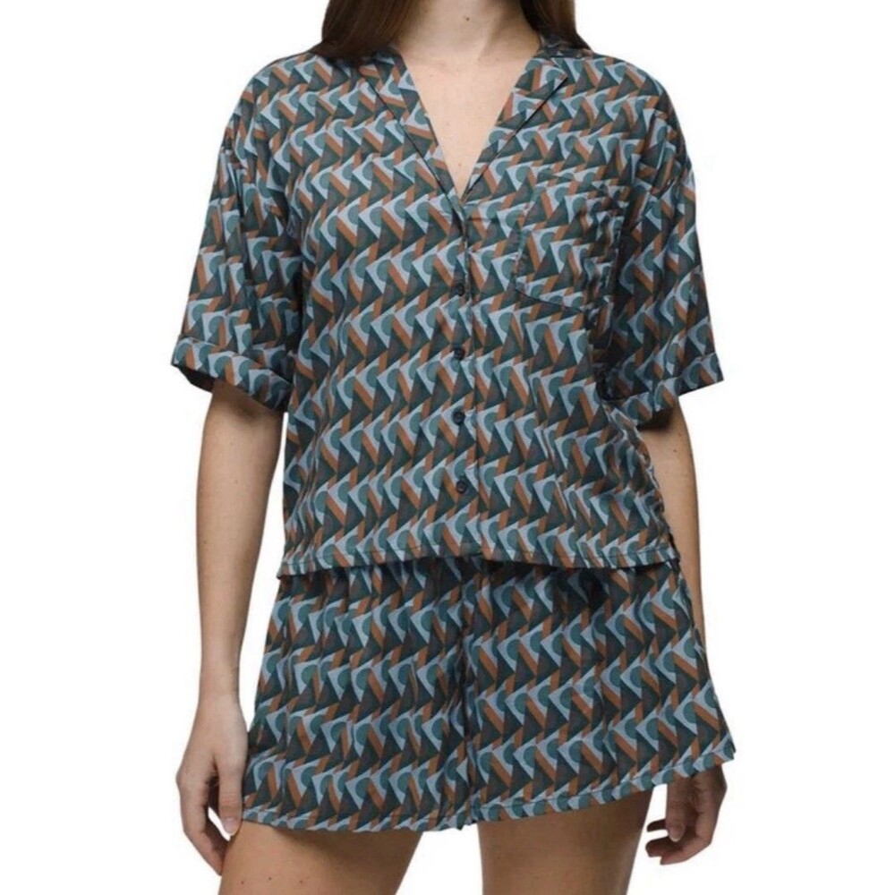 Prana Iguala Top Women’s Small Green High Tide Retro Geo Shorts Set 100% Tencel